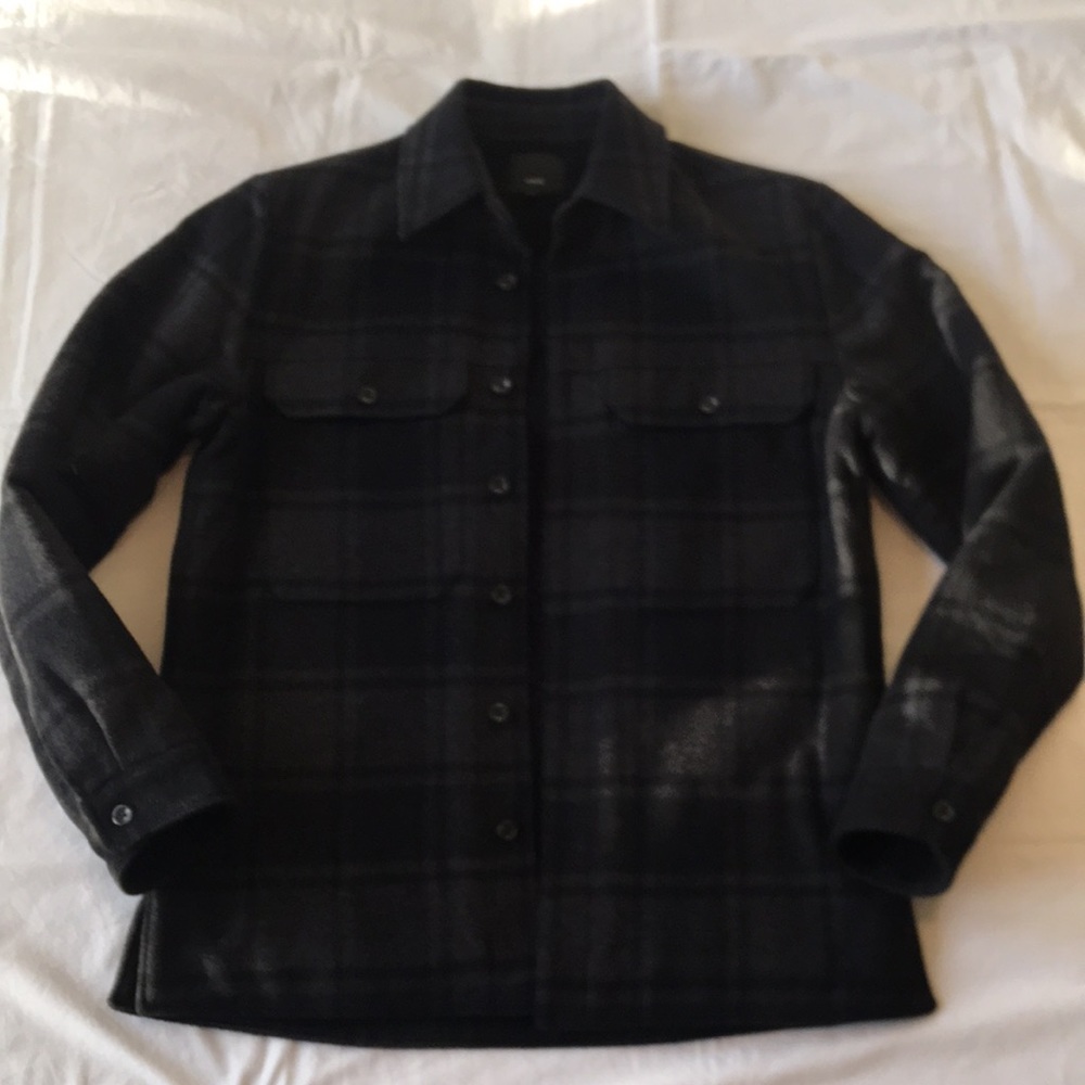 Vince wool blend shirt jacket w/ faux sherpa lining